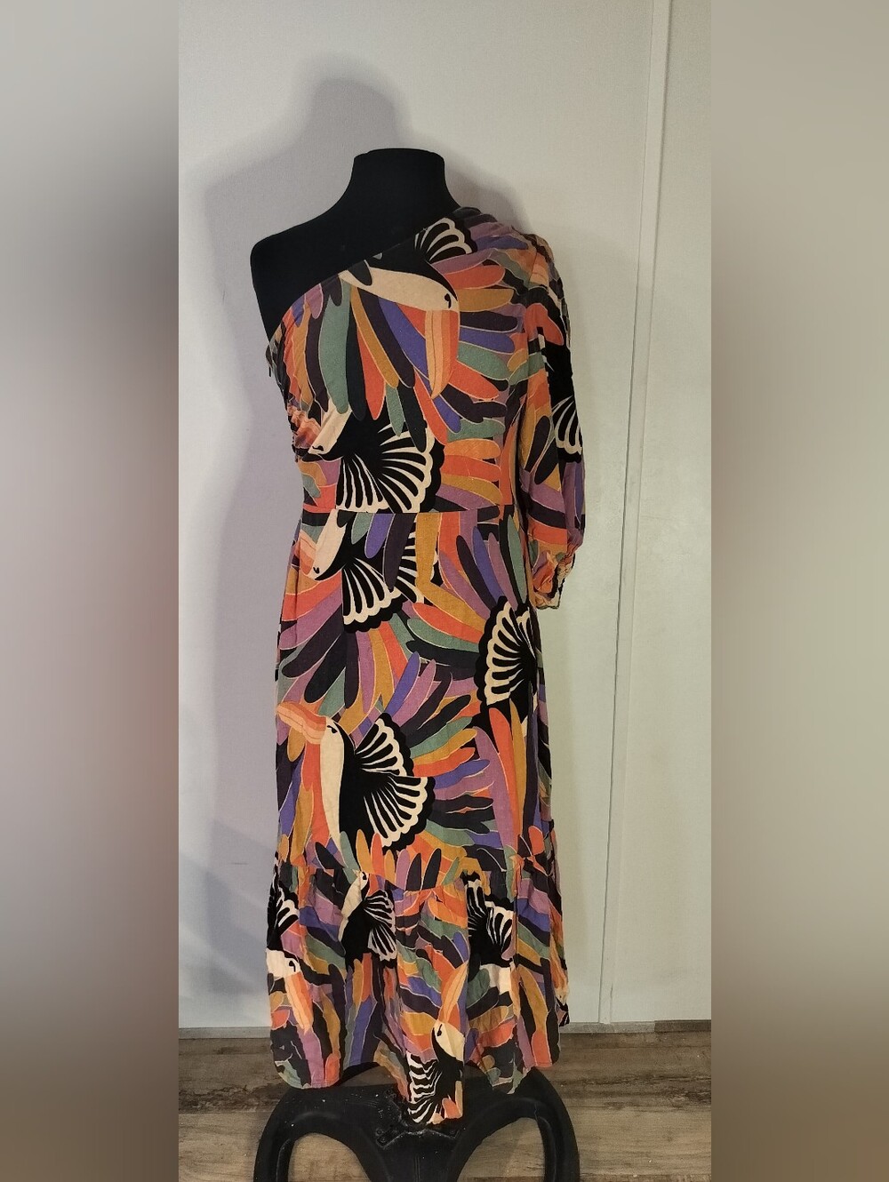 FARM Rio One-Shoulder Midi Dress in Black, Orange, Purple, Green